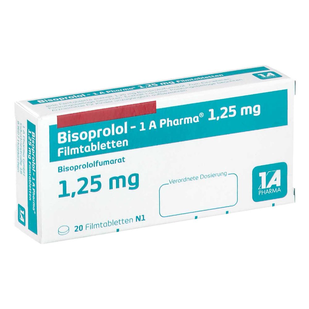 Das Produktfoto zeigt Bisoprolol-1a Pharma 1,25 Mg Filmtabletten (20 stk) PZN 05391703