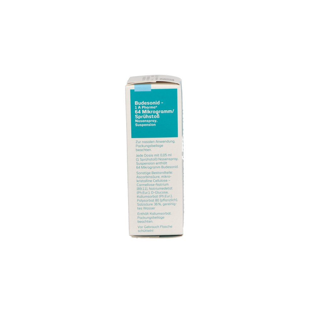 Das Produktfoto zeigt Budesonid-1a Pharma 64 Μg/Spr.St.Nasenspr.Susp. (10 ml) PZN 05391784