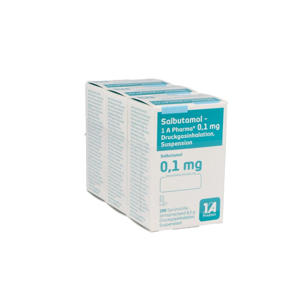 Das Produktfoto zeigt Salbutamol-1a Ph.0,1 Mg Druckgasinh.3x200 Hub (3 stk) PZN 05391904