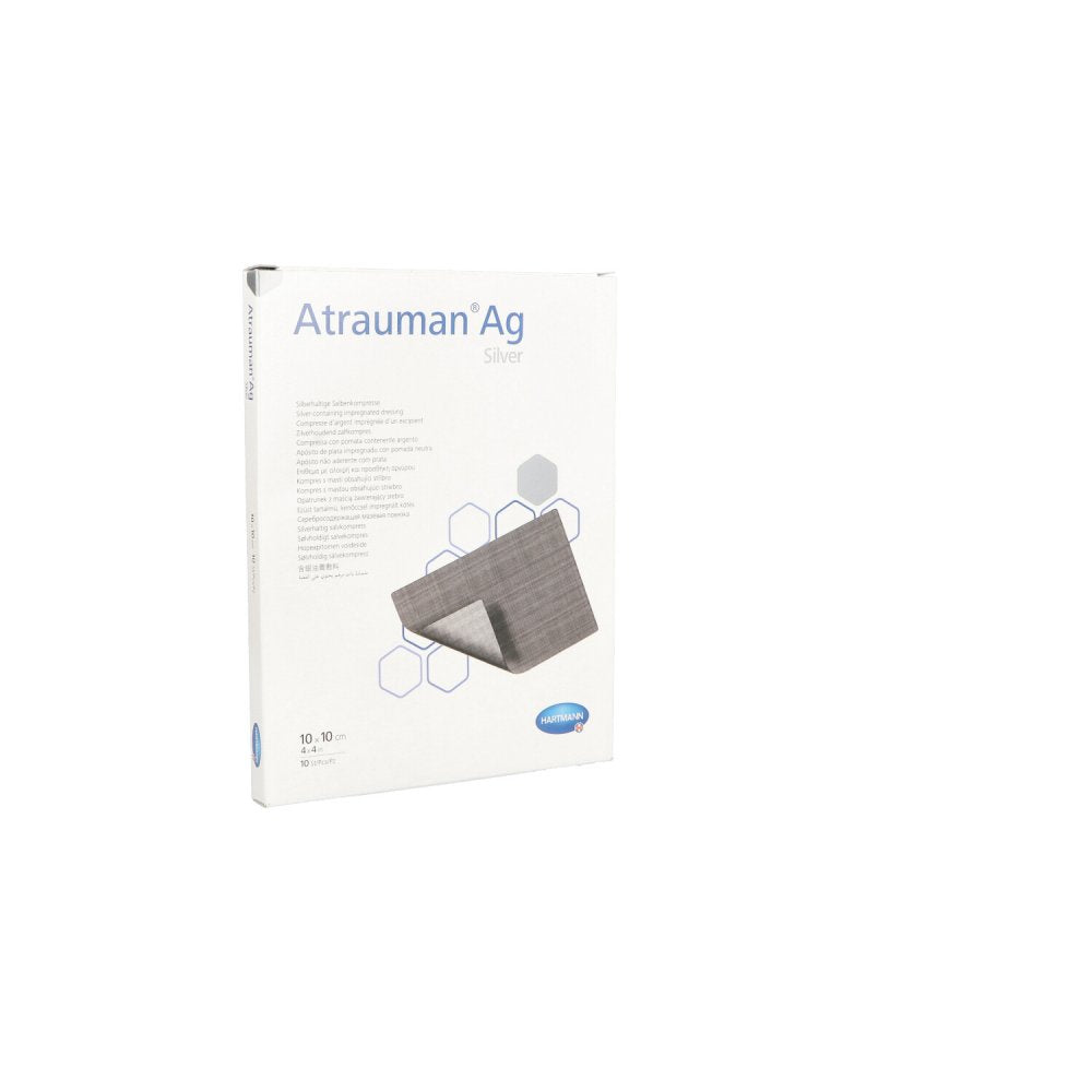 Das Produktfoto zeigt Atrauman Ag 10x10 Cm Steril Kompressen (10 stk) PZN 05397953