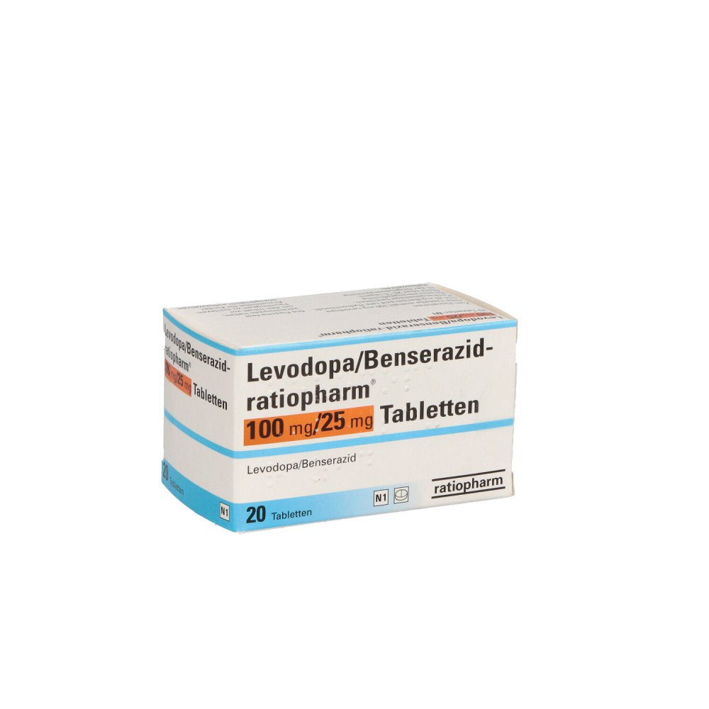 Das Produktfoto zeigt Levodopa/Benserazid-Ratiopharm 100 Mg/25 Mg Tabl. (20 stk) PZN 05451598