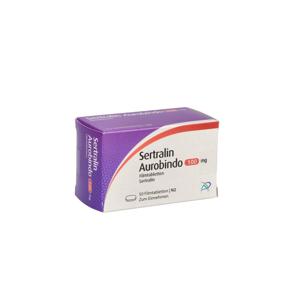 Das Produktfoto zeigt Sertralin Aurobindo 100 Mg Filmtabletten (50 stk) PZN 05454071
