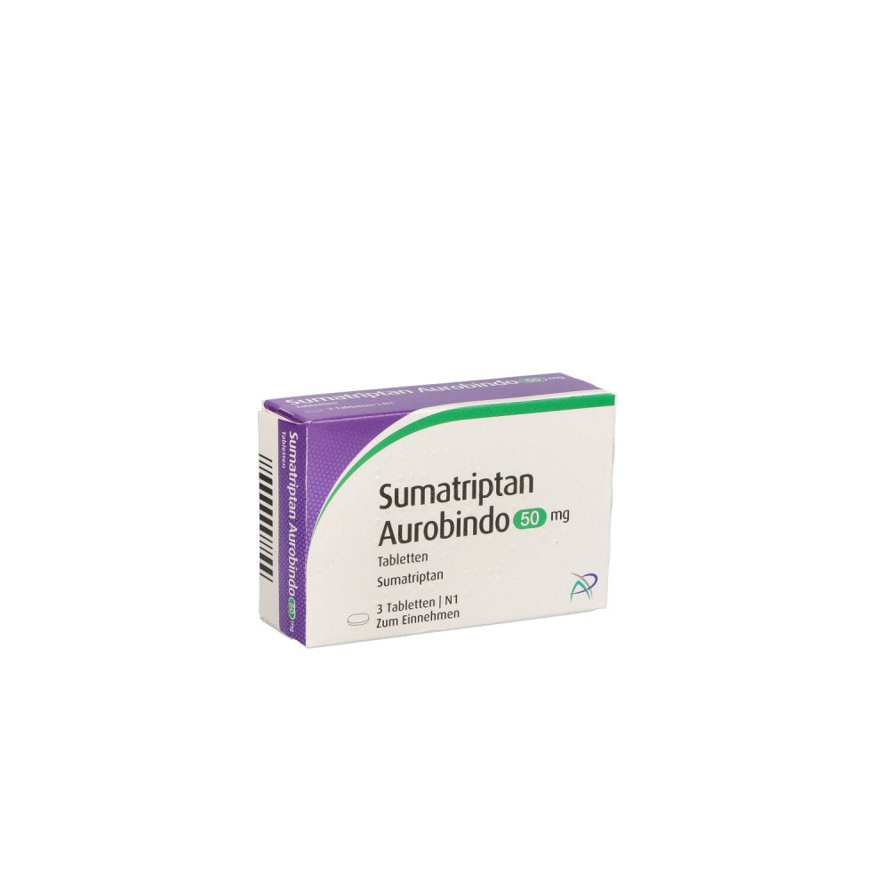 Das Produktfoto zeigt Sumatriptan Aurobindo 50 Mg Tabletten (3 stk) PZN 05454303