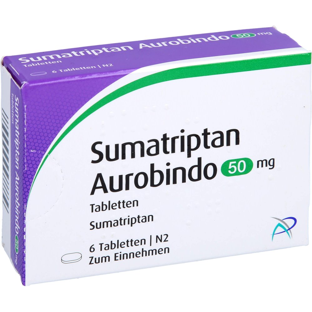 Das Produktfoto zeigt Sumatriptan Aurobindo 50 Mg Tabletten (6 stk) PZN 05454326