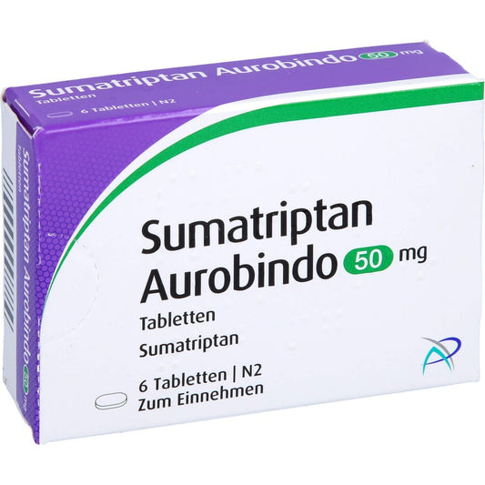 Das Produktfoto zeigt Sumatriptan Aurobindo 50 Mg Tabletten (6 stk) PZN 05454326