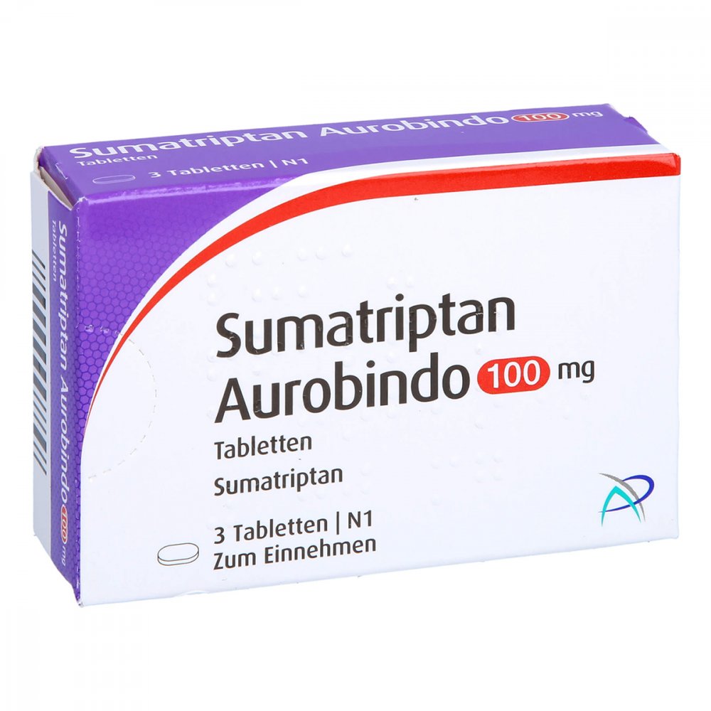 Das Produktfoto zeigt Sumatriptan Aurobindo 100 Mg Tabletten (3 stk) PZN 05454355