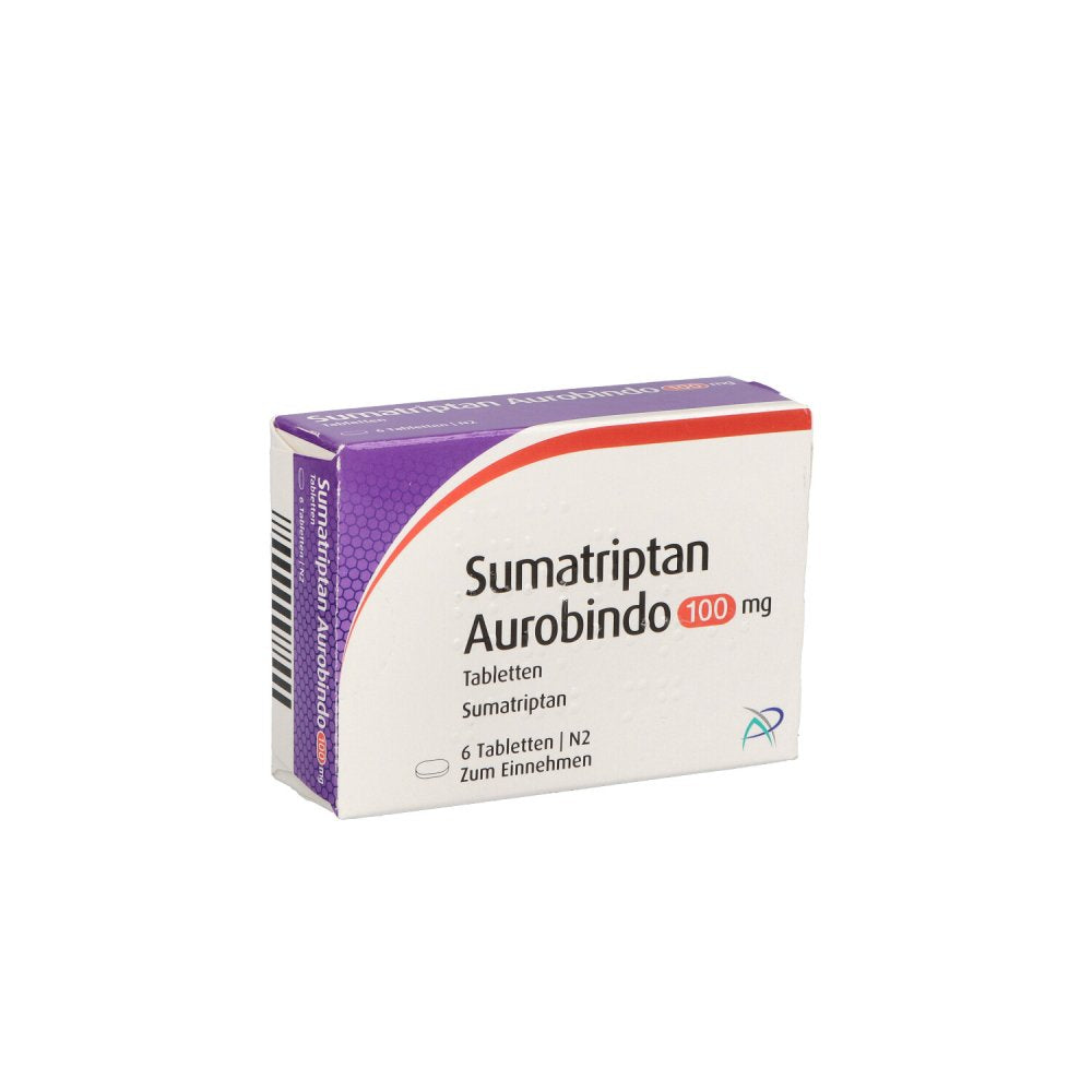 Das Produktfoto zeigt Sumatriptan Aurobindo 100 Mg Tabletten (6 stk) PZN 05454361