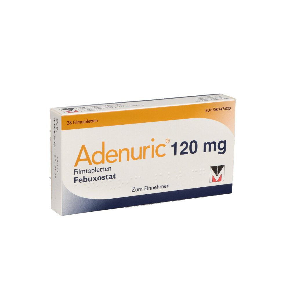 Das Produktfoto zeigt Adenuric 120 Mg Filmtabletten (28 stk) PZN 05455142