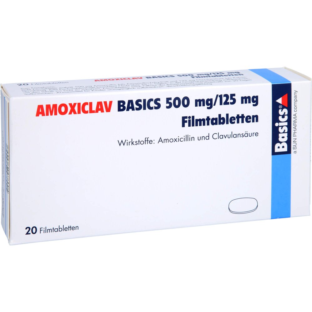 Das Produktfoto zeigt Amoxiclav Basics 500 Mg/125 Mg Filmtabletten (20 stk) PZN 05458100