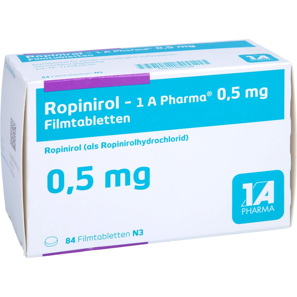 Das Produktfoto zeigt Ropinirol-1a Pharma 0,5 Mg Filmtabletten (84 stk) PZN 05460249