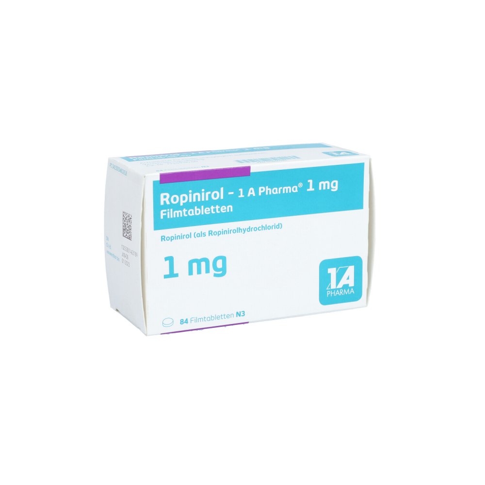 Das Produktfoto zeigt Ropinirol-1a Pharma 1 Mg Filmtabletten (84 stk) PZN 05460261