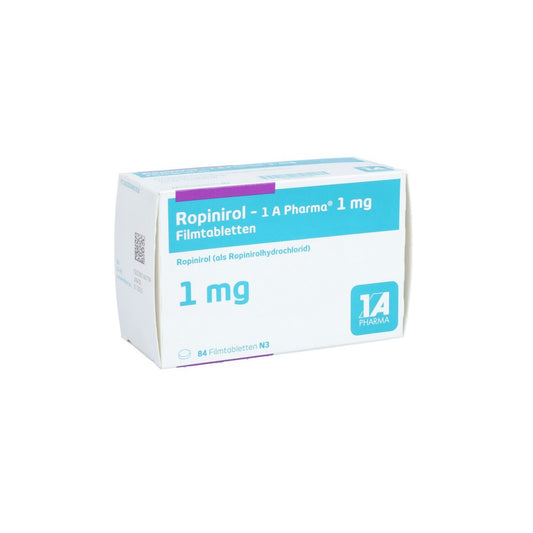 Das Produktfoto zeigt Ropinirol-1a Pharma 1 Mg Filmtabletten (84 stk) PZN 05460261