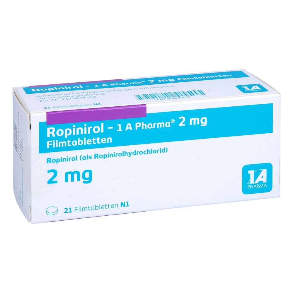Das Produktfoto zeigt Ropinirol-1a Pharma 2 Mg Filmtabletten (21 stk) PZN 05460278
