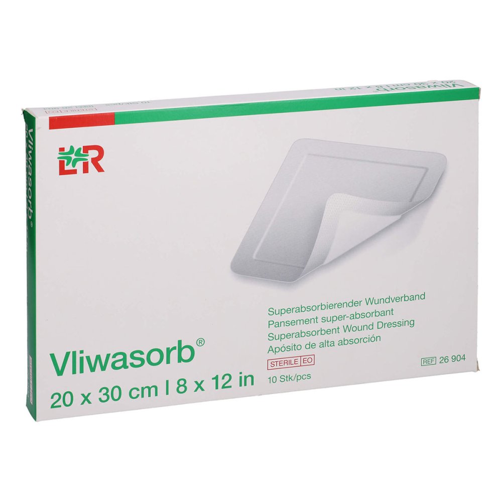 Das Produktfoto zeigt Vliwasorb Superabsorb.Saugkomp.Steril 20x30 Cm (10 stk) PZN 05460580