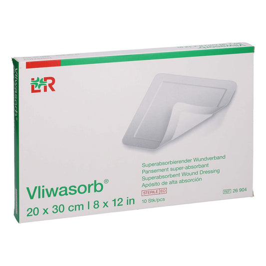 Das Produktfoto zeigt Vliwasorb Superabsorb.Saugkomp.Steril 20x30 Cm (10 stk) PZN 05460580