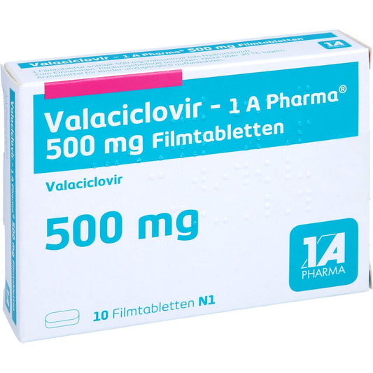 Das Produktfoto zeigt Valaciclovir-1a Pharma 500 Mg Filmtabletten (10 stk) PZN 05486272