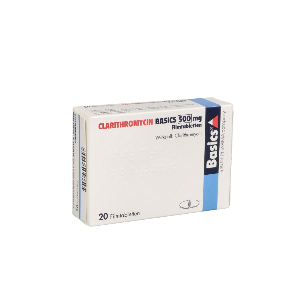 Das Produktfoto zeigt Clarithromycin Basics 500 Mg Filmtabletten (20 stk) PZN 05486527