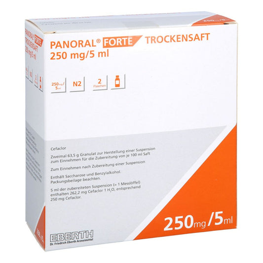 Das Produktfoto zeigt Panoral Forte Trockensaft 250 Mg/5 Ml (2X100 ml) PZN 05492309