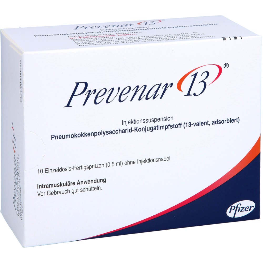 Das Produktfoto zeigt Prevenar 13 Injektionssuspension I.E.Fertigspritze (10 stk) PZN 05496282