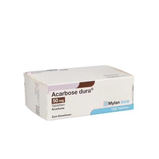 Das Produktfoto zeigt Acarbose Dura 50 Mg Tabletten (105 stk) PZN 05502574