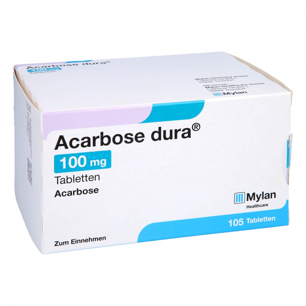 Das Produktfoto zeigt Acarbose Dura 100 Mg Tabletten (105 stk) PZN 05502580
