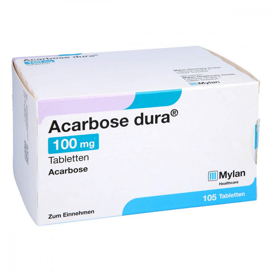Das Produktfoto zeigt Acarbose Dura 100 Mg Tabletten (105 stk) PZN 05502580