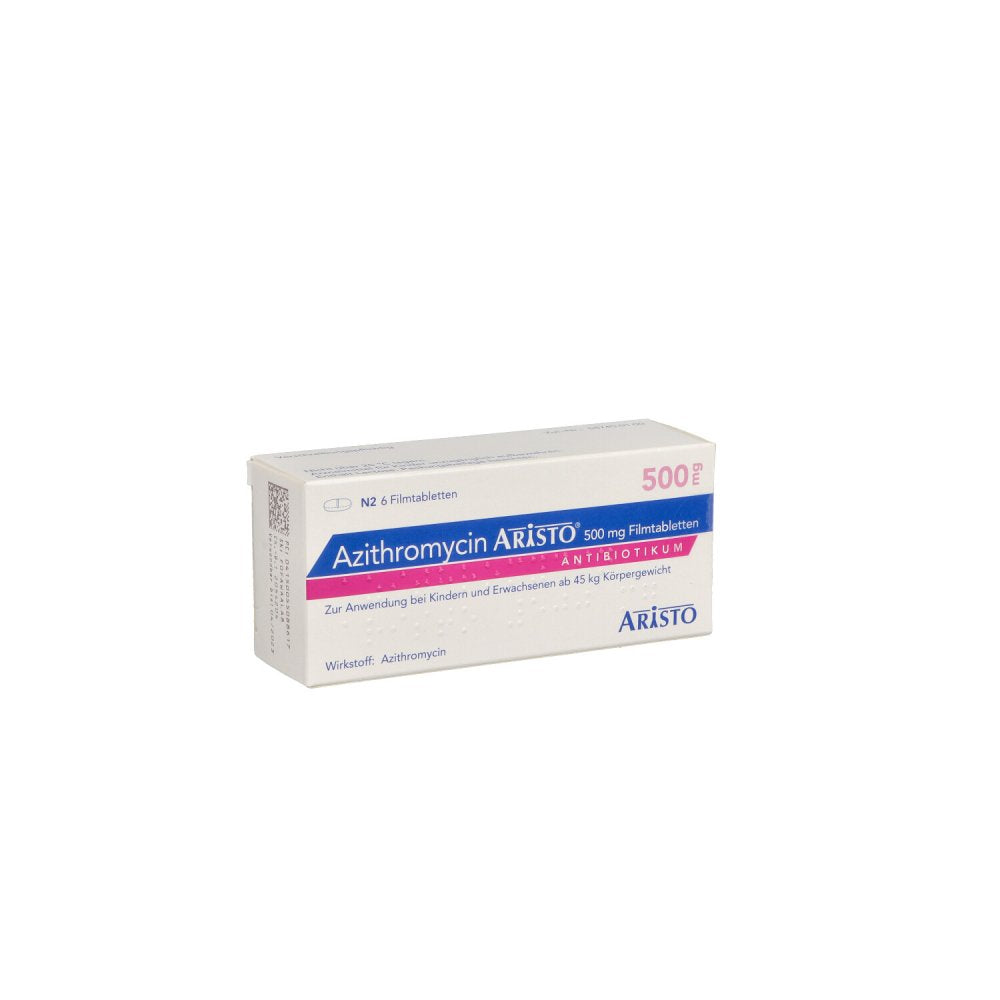 Das Produktfoto zeigt Azithromycin Aristo 500 Mg Filmtabletten (6 stk) PZN 05508861