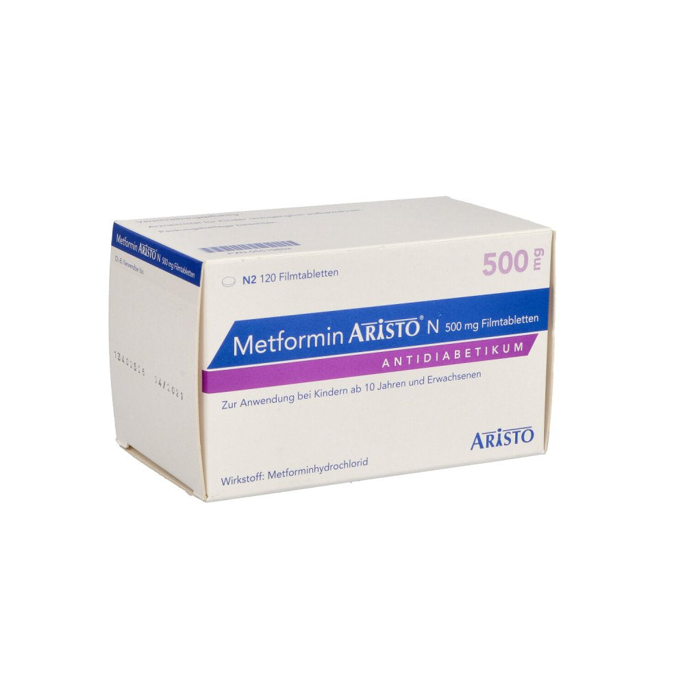 Das Produktfoto zeigt Metformin Aristo N 500 Mg Filmtabletten (120 stk) PZN 05510852