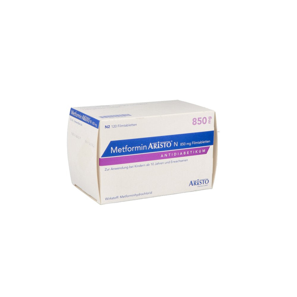 Das Produktfoto zeigt Metformin Aristo N 850 Mg Filmtabletten (120 stk) PZN 05510875
