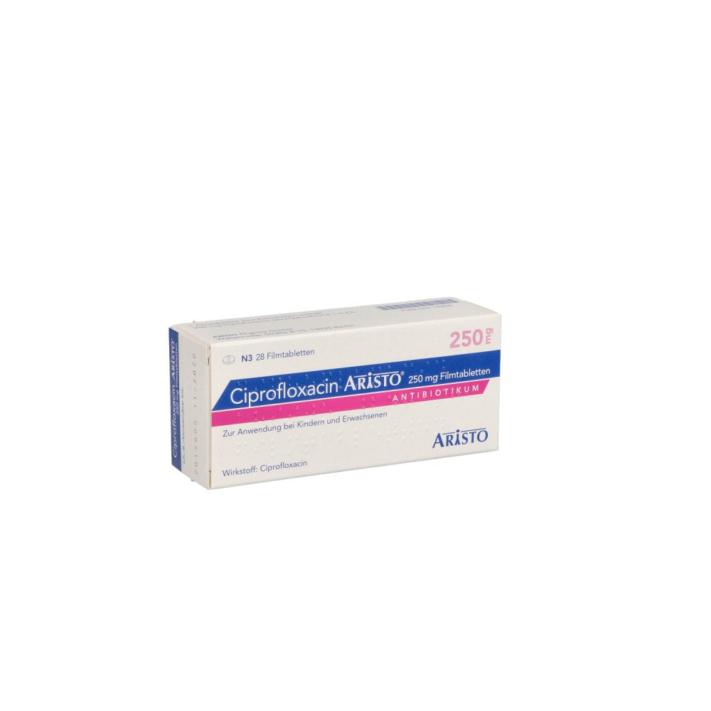 Das Produktfoto zeigt Ciprofloxacin Aristo 250 Mg Filmtabletten (28 stk) PZN 05515306