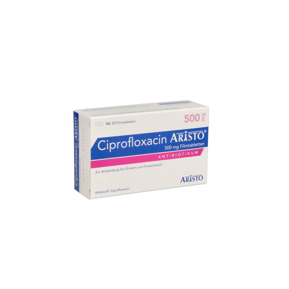 Das Produktfoto zeigt Ciprofloxacin Aristo 500 Mg Filmtabletten (28 stk) PZN 05515329