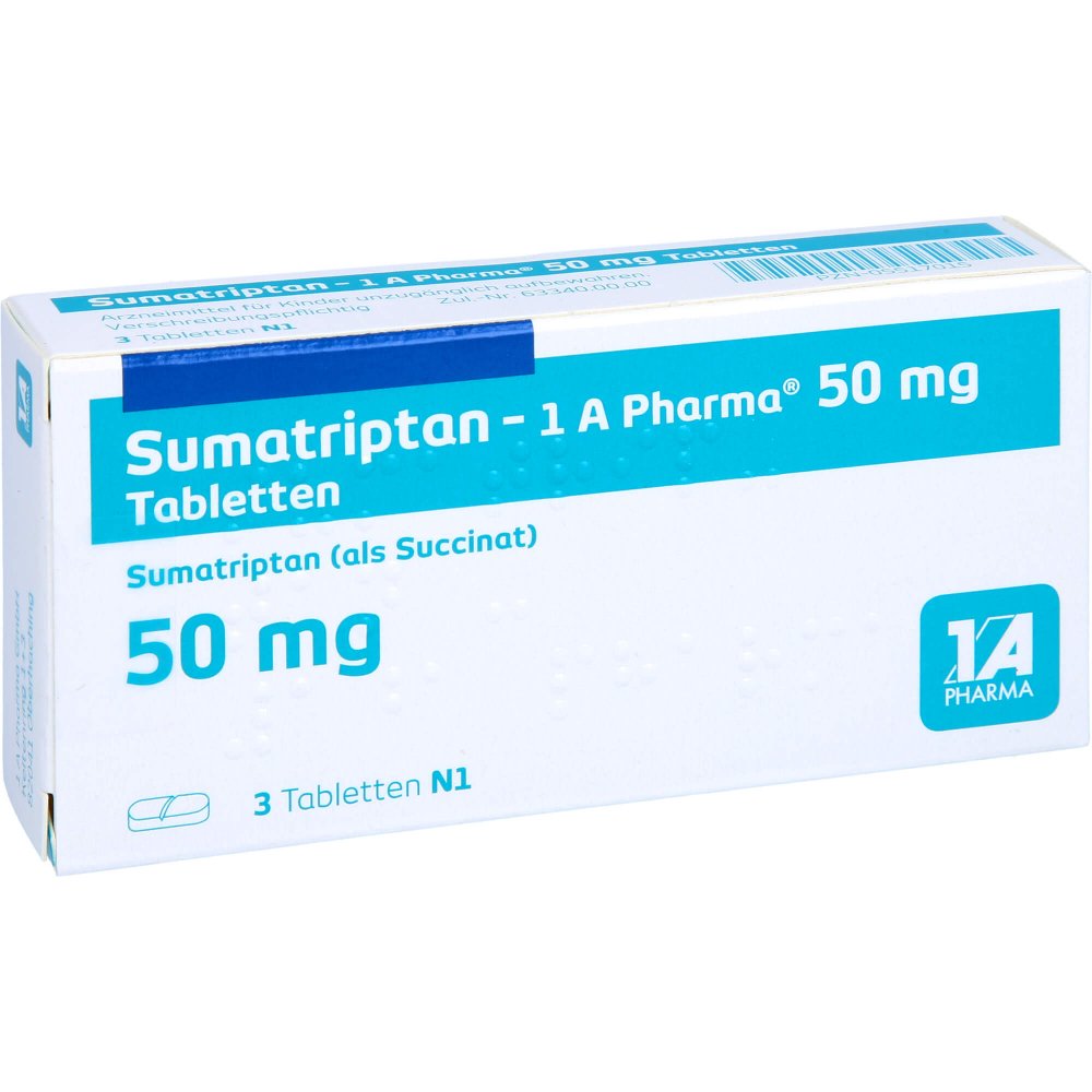 Das Produktfoto zeigt Sumatriptan-1a Pharma 50 Mg Tabletten (3 stk) PZN 05517015