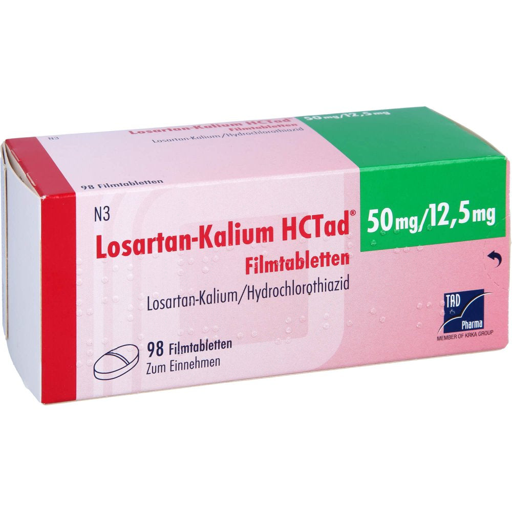 Das Produktfoto zeigt Losartan Kalium Hctad 50/12,5mg Filmtabletten (98 stk) PZN 05522772