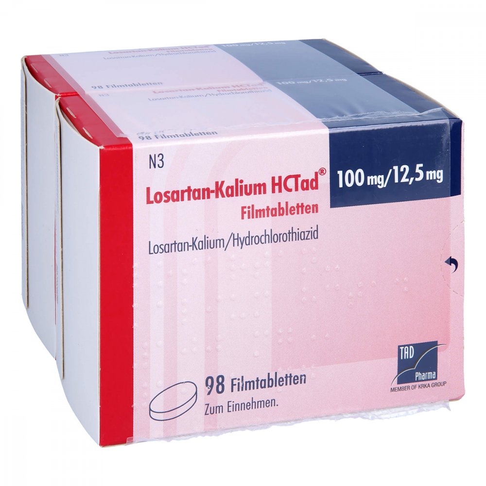 Das Produktfoto zeigt Losartan Kalium Hctad 100/12,5mg Filmtabletten (98 stk) PZN 05522832