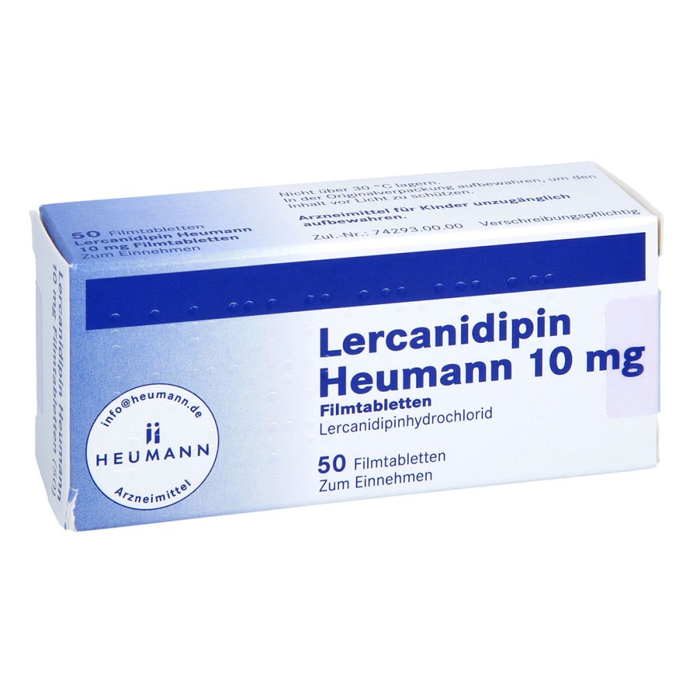 Das Produktfoto zeigt Lercanidipin Heumann 10 Mg Filmtabletten (50 stk) PZN 05526445
