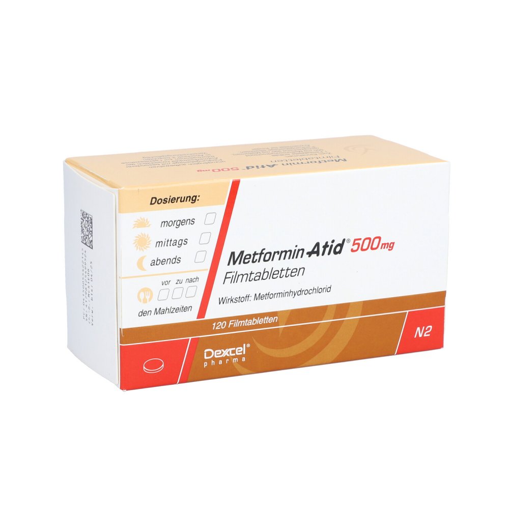 Das Produktfoto zeigt Metformin Atid 500 Mg Filmtabletten (120 stk) PZN 05542214