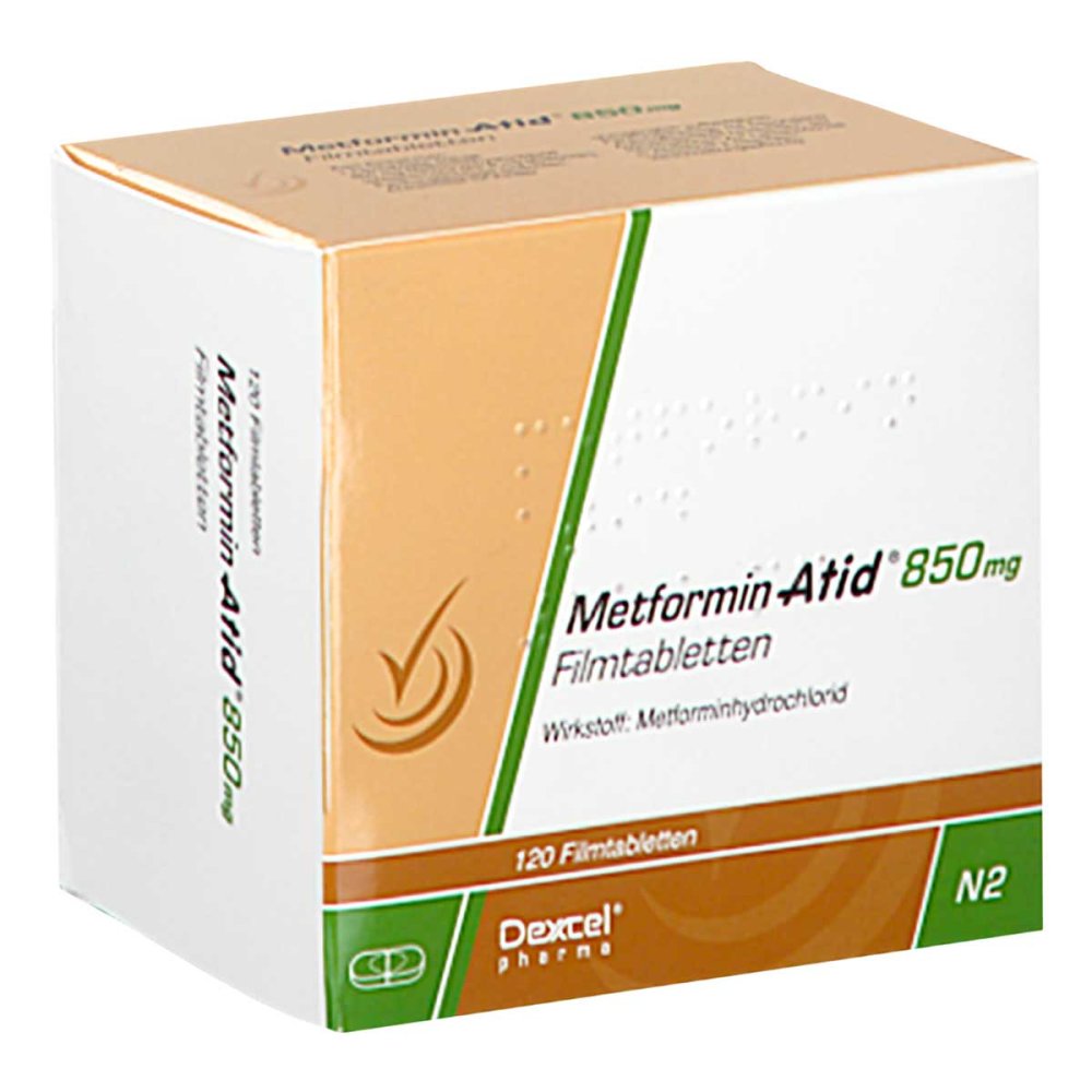 Das Produktfoto zeigt Metformin Atid 850 Mg Filmtabletten (120 stk) PZN 05542243