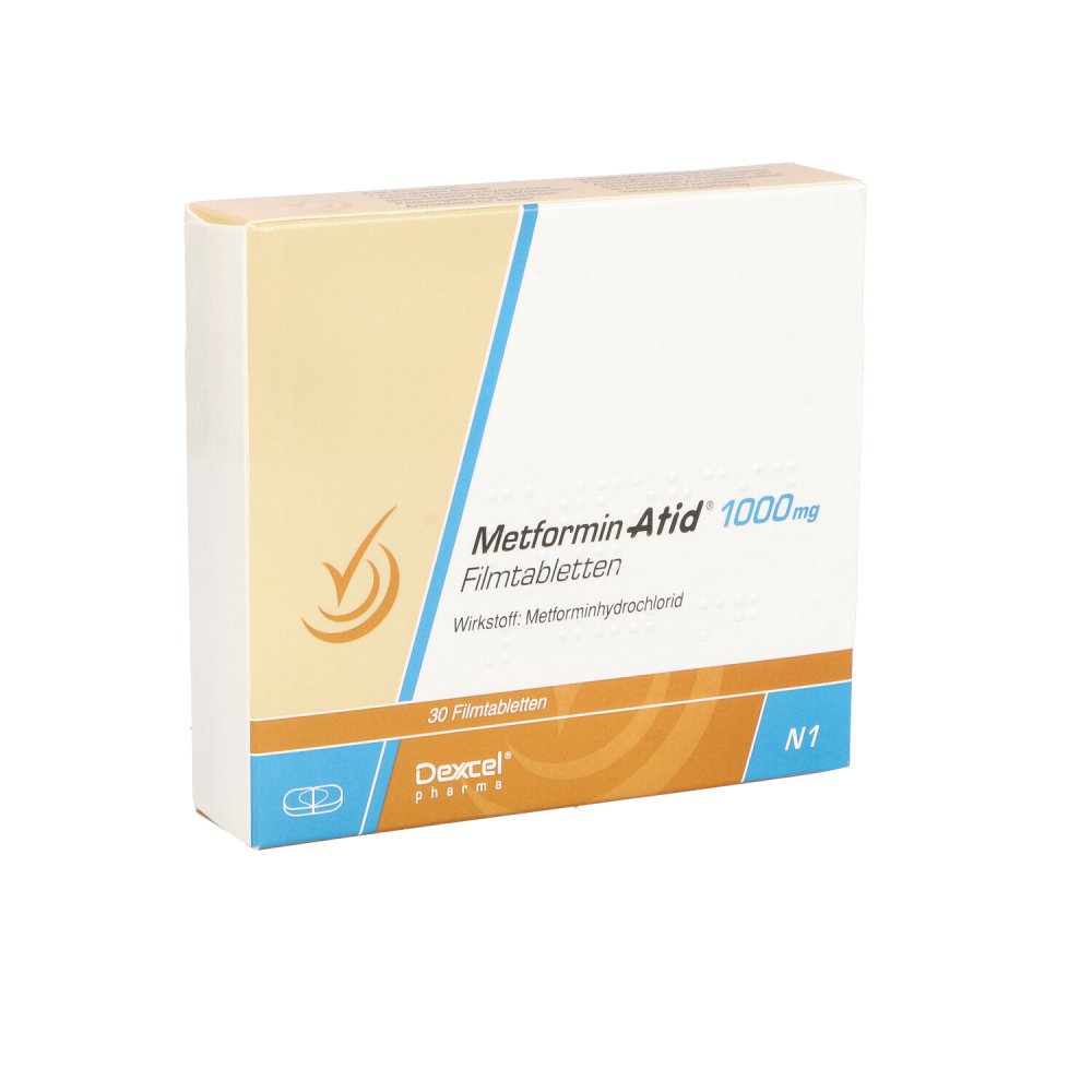 Das Produktfoto zeigt Metformin Atid 1.000 Mg Filmtabletten (30 stk) PZN 05542272
