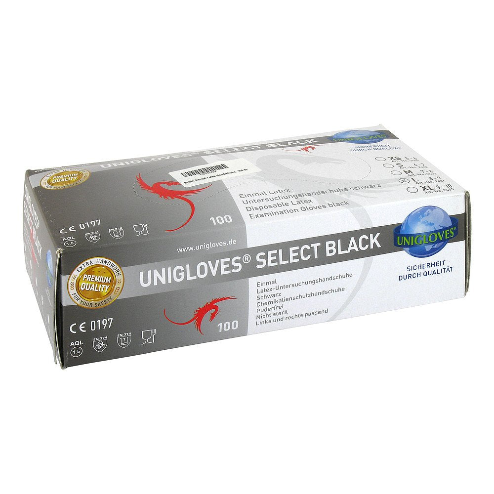 Das Produktfoto zeigt Select Einmal Latex Handsch.Gr.L Black (100 stk) PZN 05555599