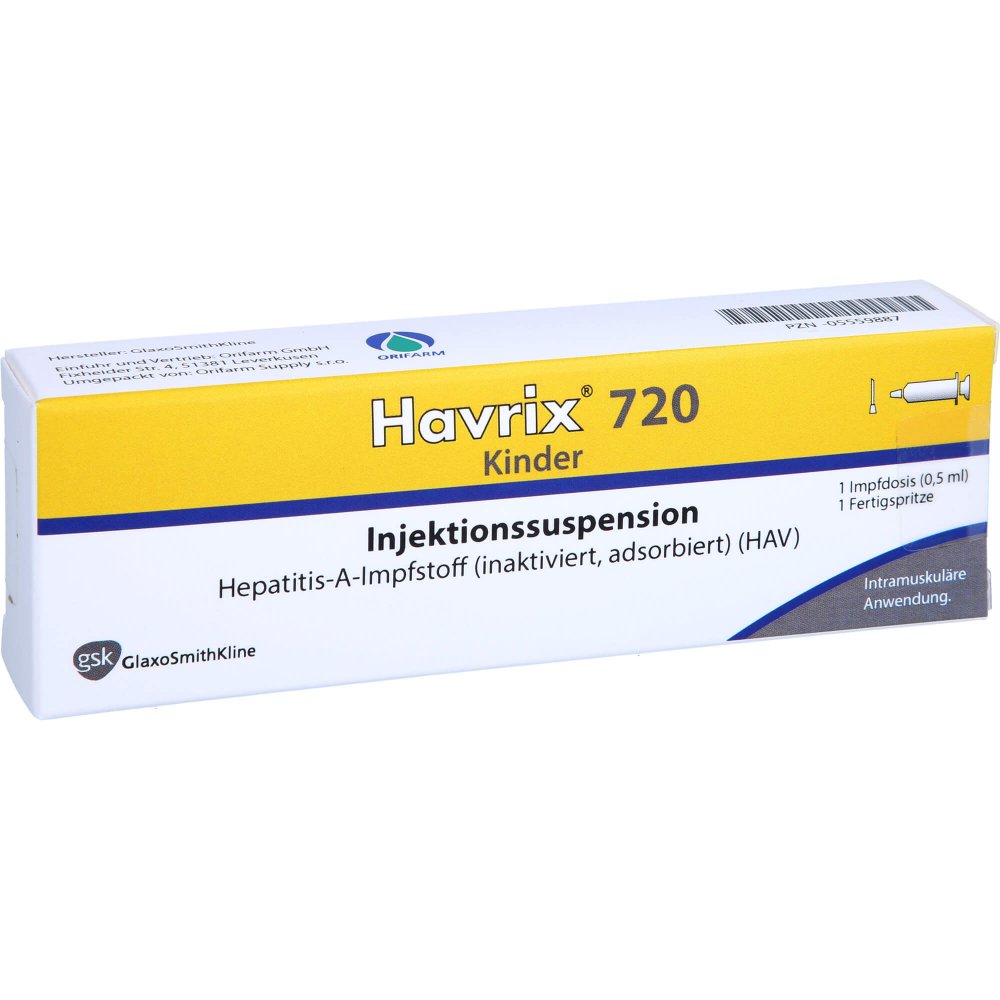 Das Produktfoto zeigt Havrix 720 Kinder Inj.-Susp.I.E.Fertigspritze (0.5 ml) PZN 05559887