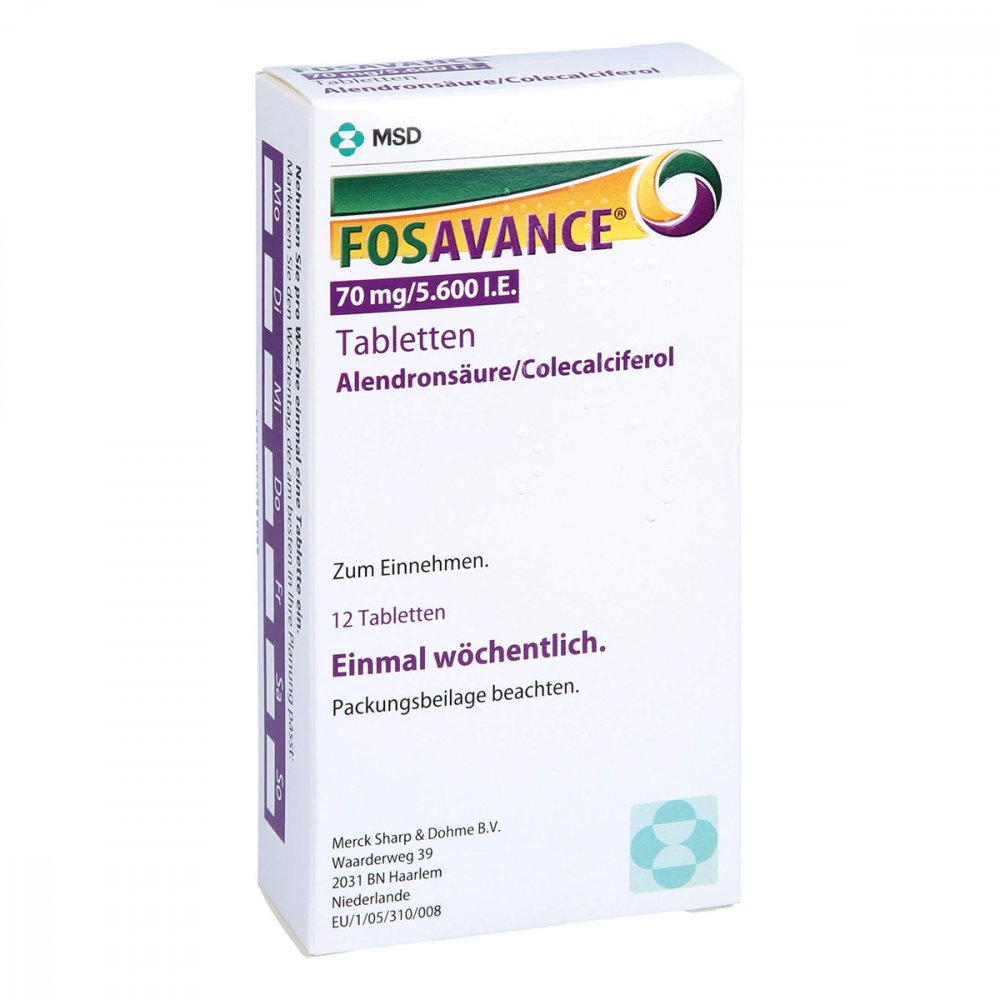 Das Produktfoto zeigt Fosavance 70 Mg/5.600 I.E. Tabletten (12 stk) PZN 05703143