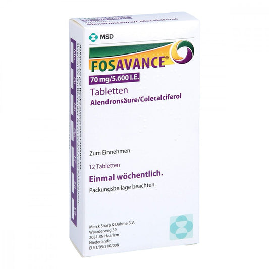 Das Produktfoto zeigt Fosavance 70 Mg/5.600 I.E. Tabletten (12 stk) PZN 05703143