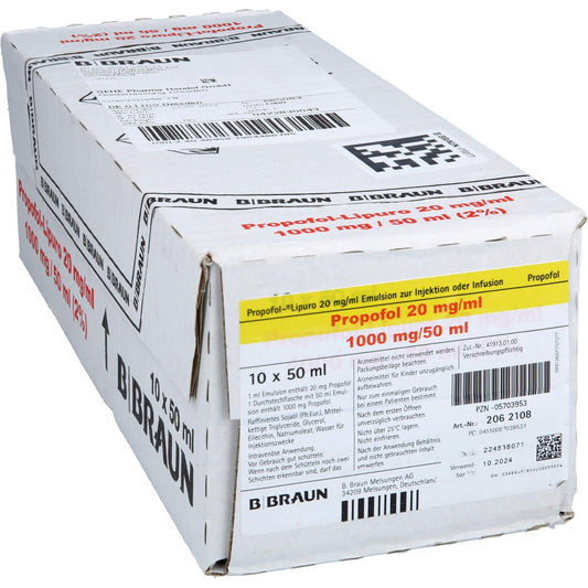 Das Produktfoto zeigt Propofol Lipuro 2% 20mg/Ml Emuls.Z.Inj.O.Inf.Dsfl. (10X50 ml) PZN 05703953
