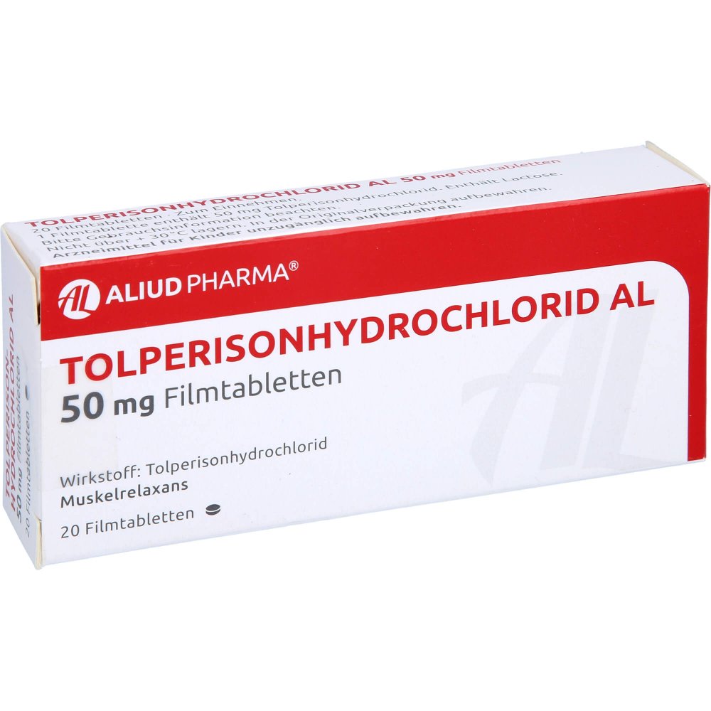 Das Produktfoto zeigt Tolperisonhydrochlorid Al 50 Mg Filmtabletten (20 stk) PZN 05705343