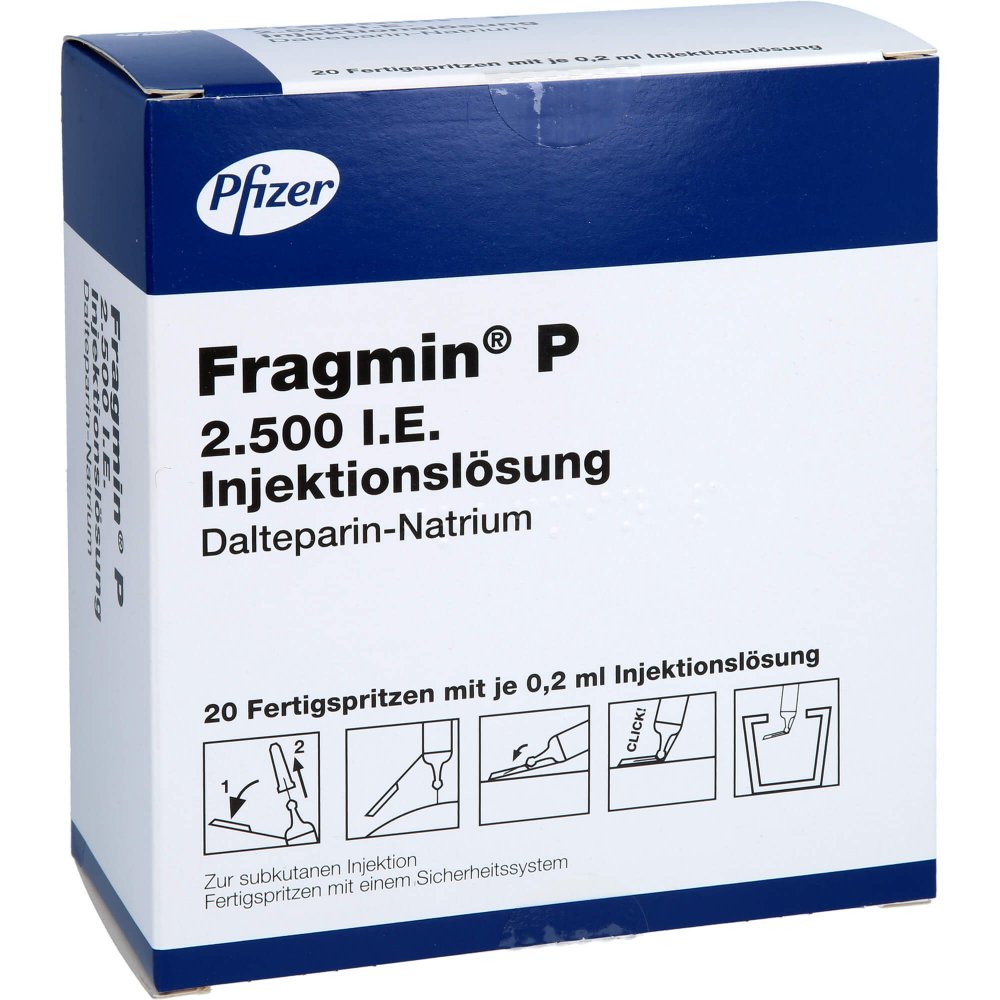 Das Produktfoto zeigt Fragmin 2.500 I.E. P Inj.-Lsg.I.E.Fs.M.Sich-Sys. (20 stk) PZN 05746431