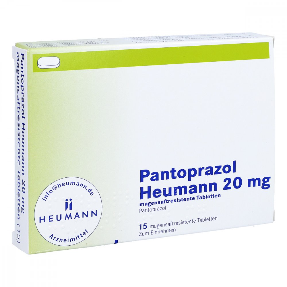 Das Produktfoto zeigt Pantoprazol Heumann 20 Mg Magensaftres.Tabletten (15 stk) PZN 05860227
