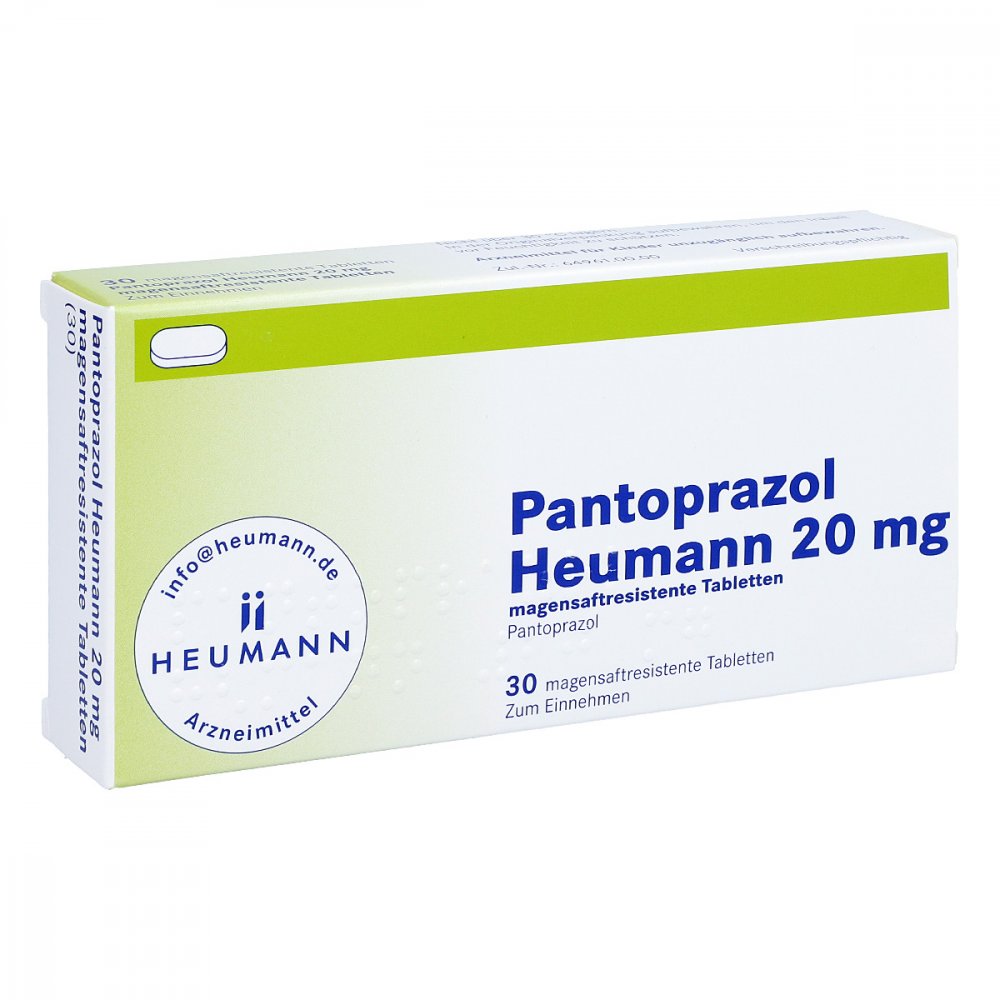 Das Produktfoto zeigt Pantoprazol Heumann 20 Mg Magensaftres.Tabletten (30 stk) PZN 05860233