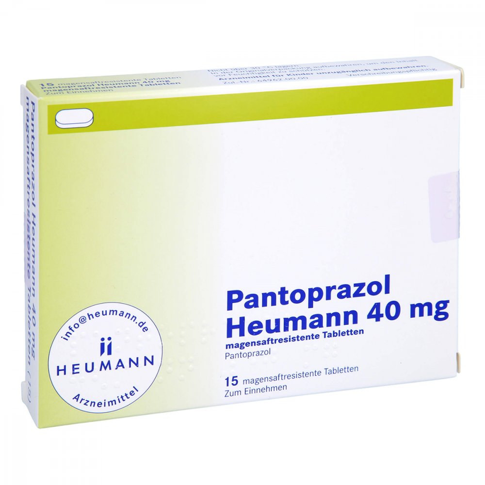 Das Produktfoto zeigt Pantoprazol Heumann 40 Mg Magensaftres.Tabletten (15 stk) PZN 05860345