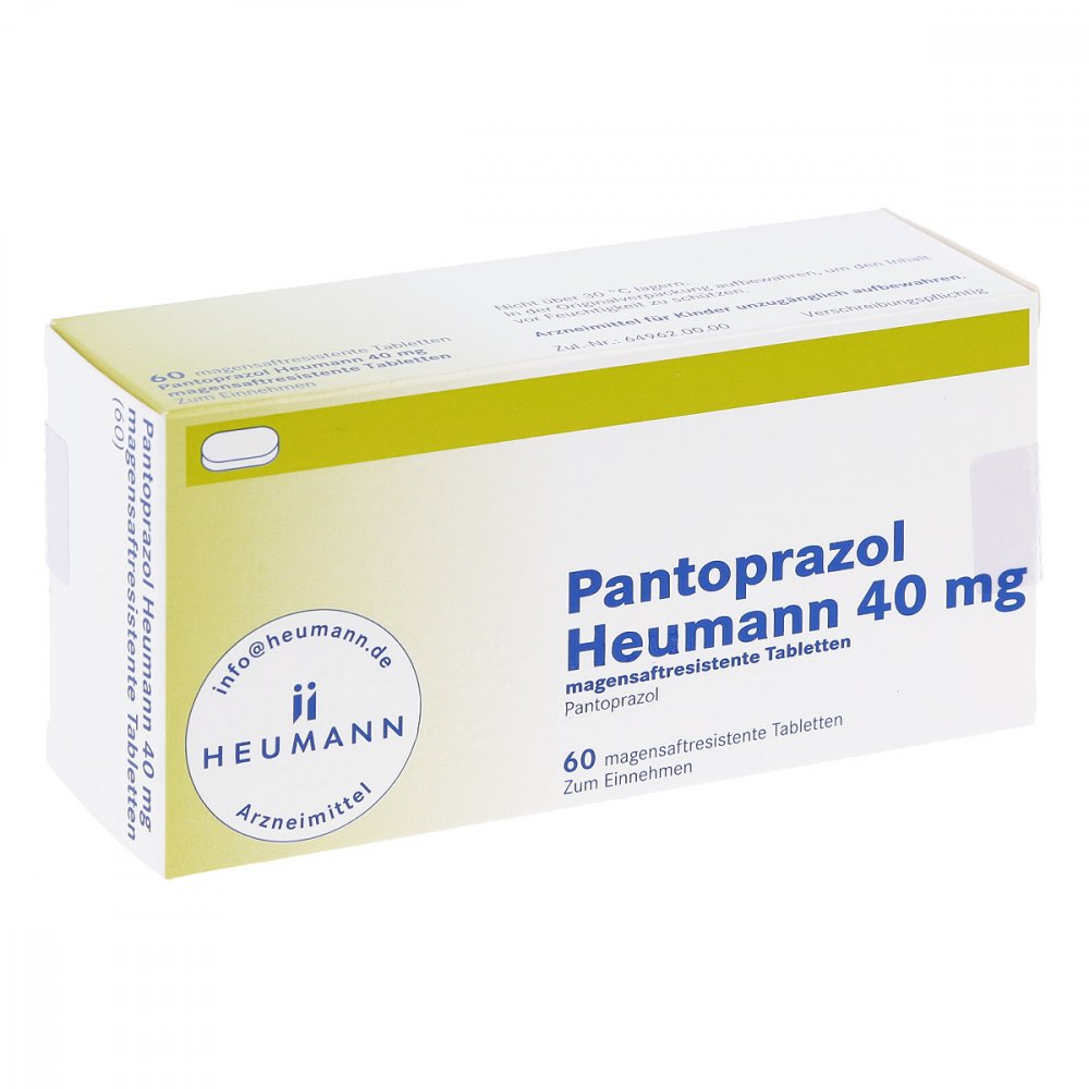 Das Produktfoto zeigt Pantoprazol Heumann 40 Mg Magensaftres.Tabletten (60 stk) PZN 05860411