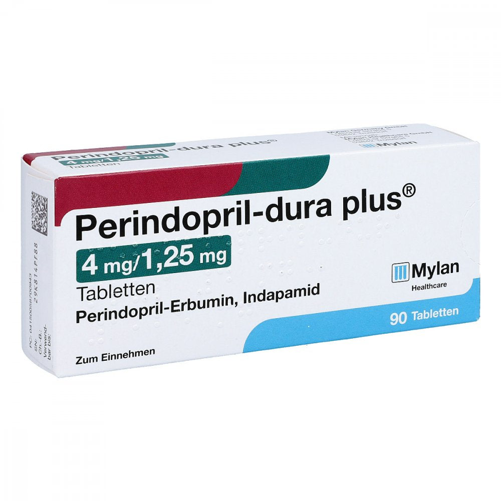 Das Produktfoto zeigt Perindopril Dura Plus 4mg/1,25mg Tabletten (90 stk) PZN 05870094